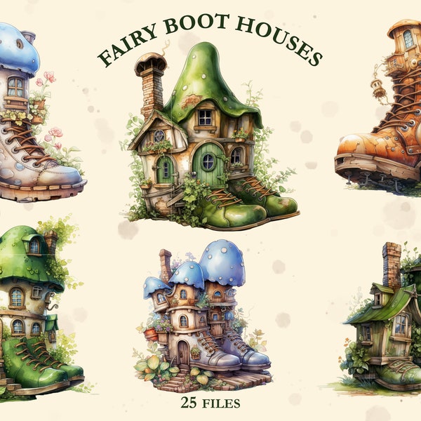 Fairy Boots House, Tiny House, Miniature Home, Tiny Cozy Cabin PNG, journal, diary, digital print, clipart, set, fantasy, magical,watercolor