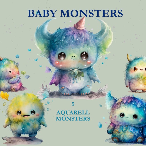 Süße Baby Monster, Fantasie Illustration, Aquarell, Clipart, Kind, Geburtstag