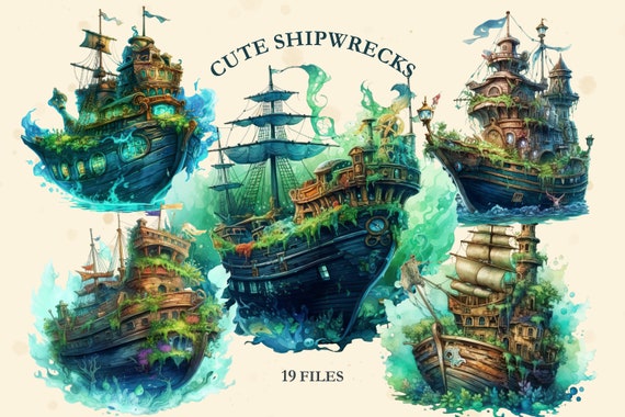 Underwater Shipwreck Clipart , Sunken Ship, Antlantis World, Pirate ,PNG,  Journal, Digital Print,set, Fantasy, Magical, Mystical, Watercolor - Etsy