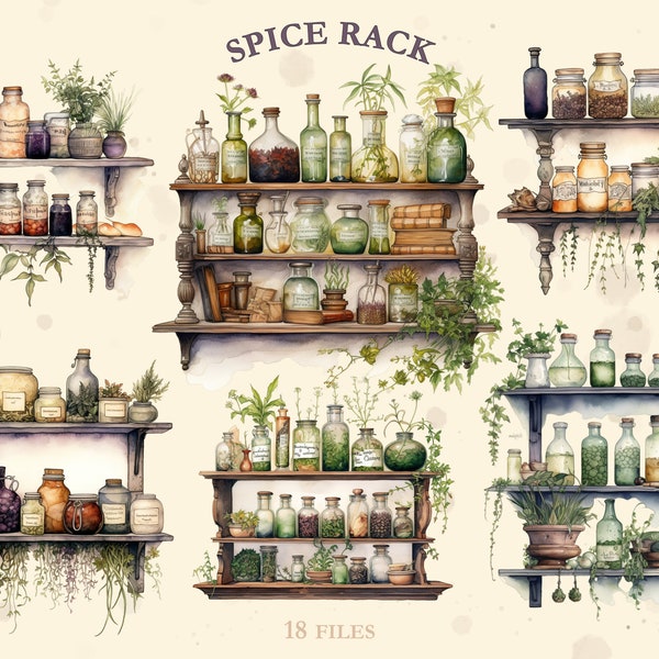 Spice Rack, Herbs, Kitchen Shelf, Commercial Use, Wooden Racks, Rustic Storage Junk Journal, Digital Print, Clipart, Set, Watercolors,Assets