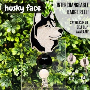 Bobine de badge visage de chien Husky - Porte-badge interchangeable avec velcro, porte-carte d'identité, chien, chiot, cadeau RN, cadeau de collègue, pivotant ou clip de ceinture