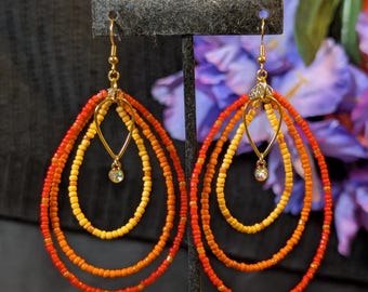 Fiery Sunset Swirl Beaded Hoop Earrings – Handmade Maximalist Statement Jewelry - Eclectic Grace