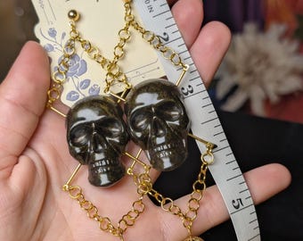 Gothic Skull Dangle Earrings: Black & Gold Resin Chain - Eclectic Grace