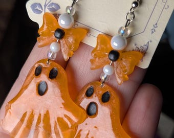 Orange Ghost Earrings with Bows | Handmade Spooky Cute Dangles | Halloween Statement Jewelry - Eclectic Grace