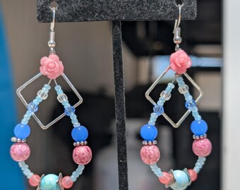 Pastel Blue and Pink Rose & Geometric Beaded Earrings – Handmade Whimsical Statement Jewelry - Eclectic Grace