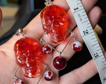 Bloody Skull Statement Earrings – Handmade Resin Gothic Jewelry, Horror Halloween Dangle Earrings - Eclectic Grace