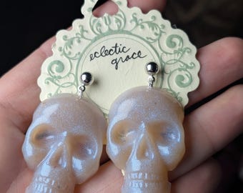 Pearlescent Resin Skull Earrings | Handmade Gothic Glam Jewelry | Whimsical Spooky Statement Dangles - Eclectic Grace