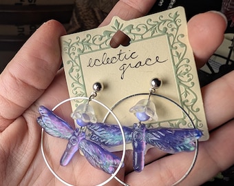 Iridescent Dragonfly Circle Earrings – Handmade Resin Jewelry - Eclectic Grace