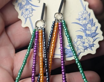 Halloween Beaded Dangle Earrings | Handmade Colorful Statement Jewelry | Green, Black, Purple & Orange Strands - Eclectic Grace
