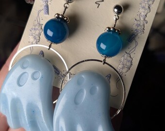Light Blue Ghost Earrings | Handmade Spooky Cute Jewelry | Blue Beaded & Metal Circle Dangle Earrings