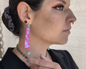 Hand Painted Resin Statement Earrings: Swirled Pink & Blue Wearable Art - Eclectic Grace