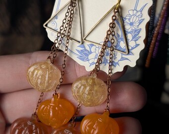 Triple Pumpkin Dangle Earrings | Handmade Autumn Jewelry | Whimsical Halloween Statement Earrings - Eclectic Grace