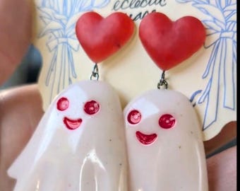 Cute Ghost Earrings with Red Hearts – Handmade Resin Halloween Jewelry, Spooky Cute Statement Earrings - Eclectic Grace
