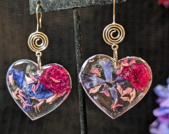 Real Petal Heart Earrings – Resin with Pink + Purple Florals | Handmade & Perfectly Imperfect - Eclectic Grace