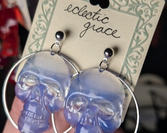 Violet Transparent Skull Earrings | Handmade Gothic Resin Jewelry | Whimsical Statement Dangle Earrings - Eclectic Grace