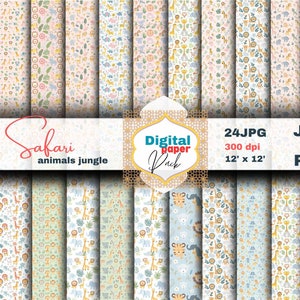 Documenti digitali per animali Safari Confezione da 24 design,JPG,PDF,300dpi,modelli di animali della giungla, arte degli animali,modello di cuccioli di animali,carte per album