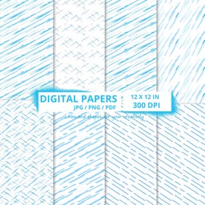 Set of 24 Blue Line Digital Papers, Abstract Stripes and Seamless Patterns,Line Art in Cool Shades for Crafts, DIY, and Design Projects