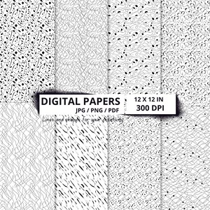 Set of 24 Black Line and Dot Digital Papers, Abstract Stripes and Minimal Patterns,Line Art for Crafts, DIY, and Design Projects