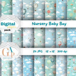 Whimsical Wonderland Nursery Digital Paper Pack,nursery baby,Scrapbook Background,Cute Baby Air Balloons,set of 24 jpg,12''x12'',300dpi