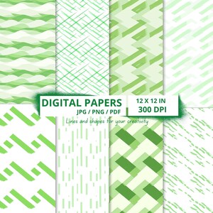 Green Line Digital Papers,Abstract Stripes,Seamless Patterns,Vertical,Horizontal Line Art in Green Shades for Crafts, DIY,Design Projects