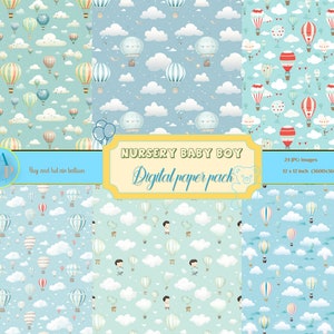 Papel digital infantil con diseño de un país de las maravillas caprichoso, fondo para álbum de recortes, globos aerostáticos para bebés, juego de 24, 30 x 30 cm, 300 ppp