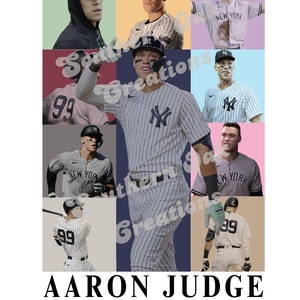 May include: A collage of photos of baseball player Aaron Judge wearing a New York Yankees uniform. The photos are arranged in a grid pattern and the text "AARON JUDGE THE YANKEES TOUR" is at the bottom of the image.