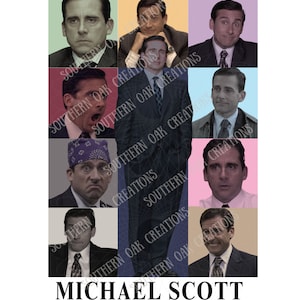 Puede incluir: Un collage de nueve imágenes de Michael Scott, un personaje de la serie de televisión "The Office", con el texto "Michael Scott The Office Tour" en la parte inferior.