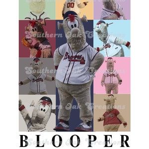 May include: A collage of images featuring a furry, gray mascot wearing a baseball uniform with the word "Braves" on the front. The mascot is in different poses, including holding a baseball bat, throwing a baseball, and standing with arms crossed. The images are arranged in a grid pattern, with the mascot's head in the center of the grid. The text "BLOOPER THE BRAVES TOUR" is at the bottom of the collage.