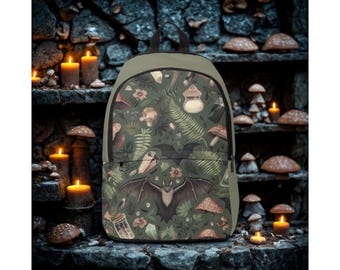 Heksenrugzak vleermuis- en floraontwerp, Cottage Core-schooltas, op de natuur geïnspireerd cadeau, bosheks, paddestoel, rugzak groene heks