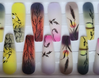 Press on nails - Autumn sunsets coffin shaped nails with sun and floral