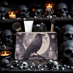 Spooky Raven Cosmetic Bag, Gothic Makeup Pouch, Witchy Travel Organizer, Halloween Gift Idea, Moonlit Aesthetic Bag