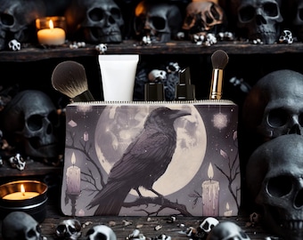 Spooky Raven Cosmetic Bag, Gothic Makeup Pouch, Witchy Travel Organizer, Halloween Gift Idea, Moonlit Aesthetic Bag