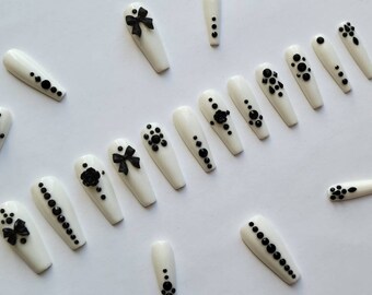 Press on nails - White coffin shape with black roses and rhinestone accents