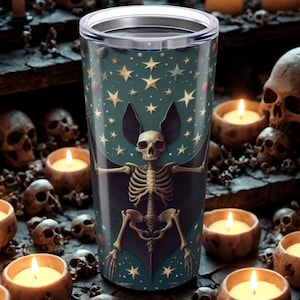 Steel Tumbler 20oz, Bat Skeleton Floral Design, Witchy Aesthetic, Moody, Gothic Mug, Halloween Gift, Halloween Decor, Spooky Home Decor