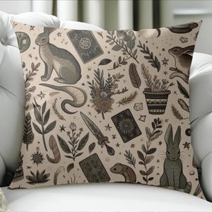 Nature-Themed Decorative Pillow | Cozy Home Decor, Vintage Botanicals, Animal Art, Gift for Nature Lovers, Boho Pillow, Cottage Core Witch