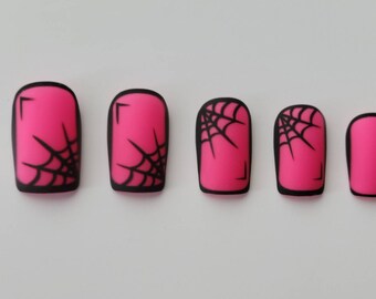 Press on nails - matte pink pop art with black spiderweb detailing