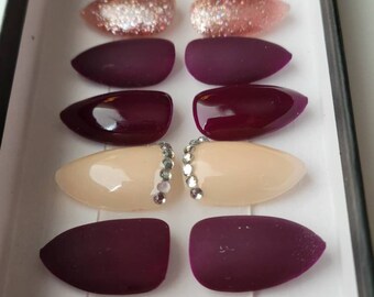 Press on nails - almond shape short length plum, purple, burgundy and glitter and rhinestone accents