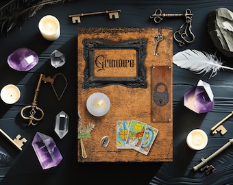May include: A brown leather-bound book with the word "Grimoire" in a black frame, surrounded by keys, crystals, candles, tarot cards, and a feather. The book has a wooden panel with a lock design. The scene is set on a dark surface.