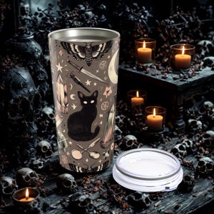 Mystical Cat & Crystal Tumbler 20oz - Cute Animal, Witchy Drinkware, Gift for Cat Lovers, Boho Kitchen Decor, Halloween Mug, Forest Witch