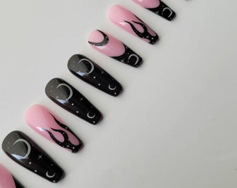 Press on nail set - Long coffin shaped black and pink woth moons, stars and flames