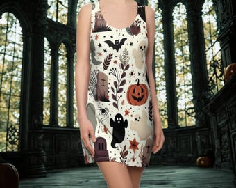 Halloween Racerback Dress with Ghosts & Graves, Fall T-Shirt Dress, Cute Halloween Dress, Pumpkin Patch Outfit, Spooky Dress, Witchy