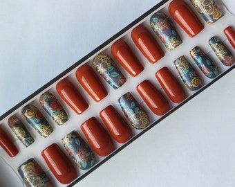 Press on nails - sugar skulls with autumn accent coffin