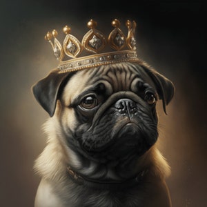 Digital art: Sir Gordy - cute pug wearing a crown