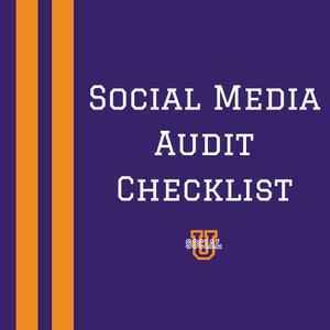 May include: A purple background with vertical orange and gold stripes on the left side. The words "SOCIAL MEDIA AUDIT CHECKLIST" are in white, bold, sans-serif font. A small logo with the word "SOCIAL" is in the bottom right corner.
