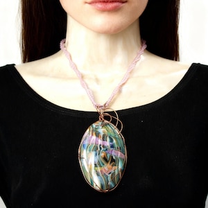 Wire Wrapped Fused Glass Cabochon Pendant, Pink Seed Bead Necklace, Copper Bezel Bail