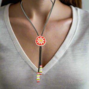 Taffi, Beaded Mandala, Bolo Tie in Red, Necklace