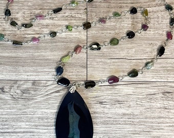 Black Onyx Agate Pendant Necklace, Wire-Wrapped Tourmaline Chain