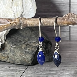 Classic Navy Sodalite and Sapphire Gemstone Minimalist Wire-Wrapped Dangle Earrings Sterling Silver BoHo handmade in USA by CaliSea Jewelry