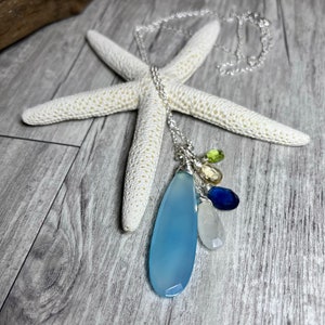 5 Gemstone &quot;Sea glass&quot; collection. Talisman necklace: Blue Chalcedony, Kyanite, Moonstone, Citrine, Peridot on Sterling Silver