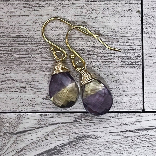 Like little rainbow drops, faceted teardrop Ametrine Gemstone Drop Wire-Wrapped Earrings 14K gold-filled handmade in USA by CaliSea Jewelry